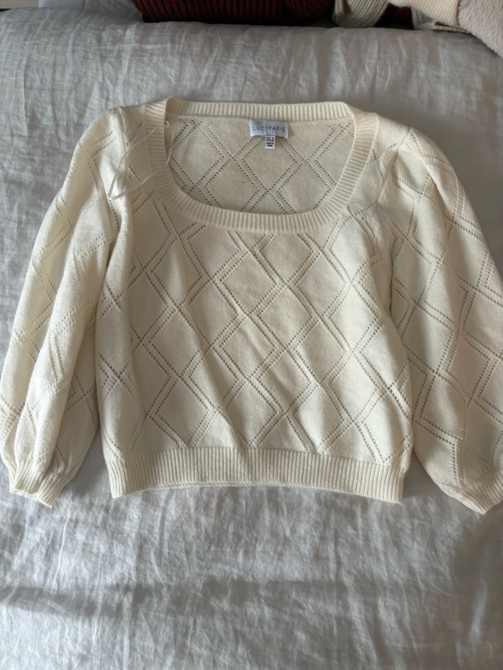 Lucy Paris Cream Diamond Openwork Square-Neck Sweater